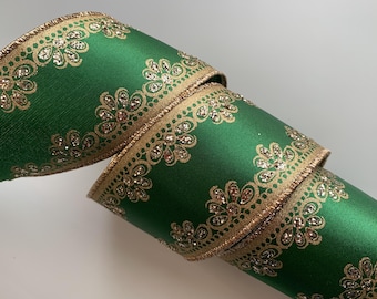 Christmas Ribbon, Emerald Green with Gold Sparkle, 2 1/2" Wide, Wired Ribbon for Bows, Wreaths, Gift Baskets, Holiday Decorations, 3 YARDS