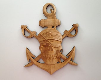 Pirate Skull on Anchor, Laser Cut and Engraved Wood, Decorative Woodcraft, Sea Life Decor, Nautical Decor, Ocean Decor