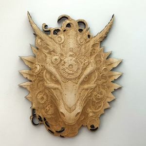 Steampunk Dragon Head, Laser Cut and Engraved Wood, Fantasy Wall Decor, Mythical Decor, Wreath Decor, Decorative Woodcraft, Wood Cutouts