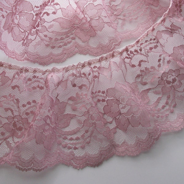 Dusty Rose Ruffled Lace Trim, 4" Wide, Scalloped Edge Lace Trim for Apparel, Costumes, Journals, Doll Clothes, Sewing and Crafting, 3 YARDS