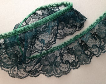 Hunter Green Ruffled Lace Trim, 2" Wide, Lace Trim for Apparel, Doll Clothes, Costumes, Christmas Crafts, Raschel Lace, 5 YARDS