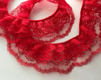 Red Triple Ruffled Lace Trim, 3 Tier Lace for Apparel, Bridal Accessories, Doll Clothes, Costumes, Journals, Decorative Lace Trim