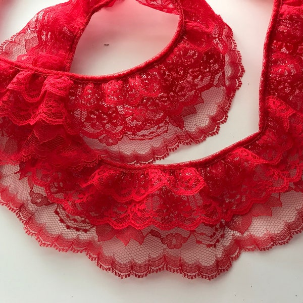 Red Triple Ruffled Lace Trim, 3 Tier Lace for Apparel, Bridal Accessories, Doll Clothes, Costumes, Journals, Decorative Lace Trim