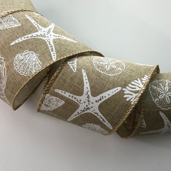 Seashells and Starfish Ribbon, 2 1/2" Wide, Wired Edge, Ribbon for Sealife Decor, Wreaths, Bows, Swags, Gift Baskets, Home Decor, 3 YARDS