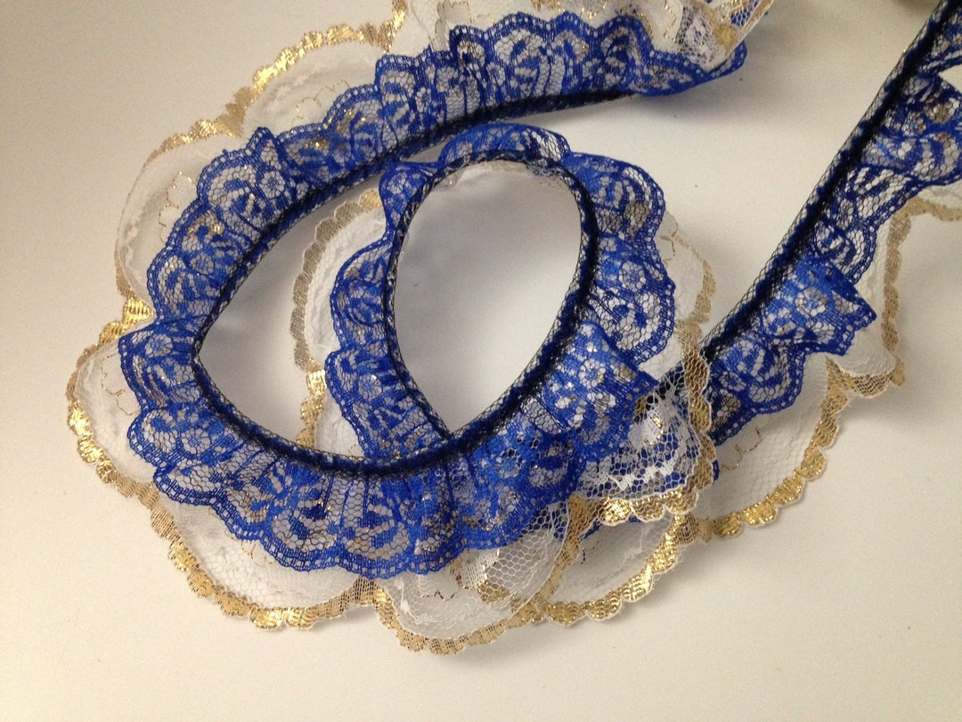 Scallop Ruffle Edge Double Ruffled Scalloped Edge Lace Trim, Royal Blue and Gold, 2 Tier ...
