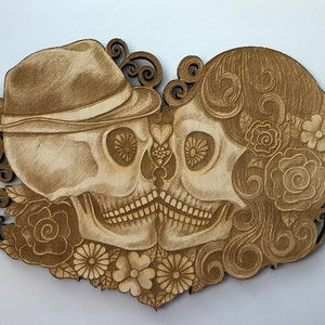 Large Sugar Skull Couple, Day of the Dead, Calavera, Dia de los Muertos, Gothic, Laser Cut and Engraved Wood Shapes, Decorative Woodcraft