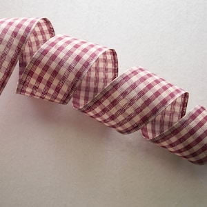Tan and Burgundy Gingham Ribbon, 1 1/2" Wide, Wired Edge Ribbon for Wreaths, Bows, Farmhouse Rustic Primitive Home Decor, 5 YARDS