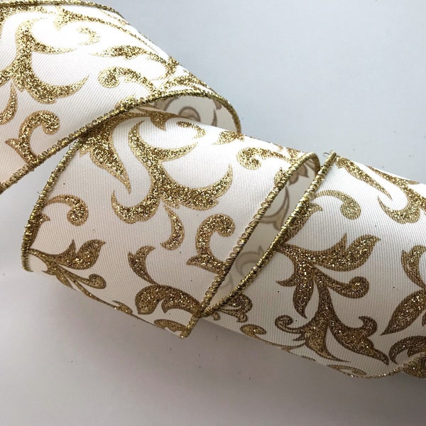 Christmas Ribbon, Ivory with Gold Sparkle, 2 1/2" Wide, Wired Edge Ribbon for Bows, Wreaths, Gift Baskets, Holiday Home Decor, 3 YARDS