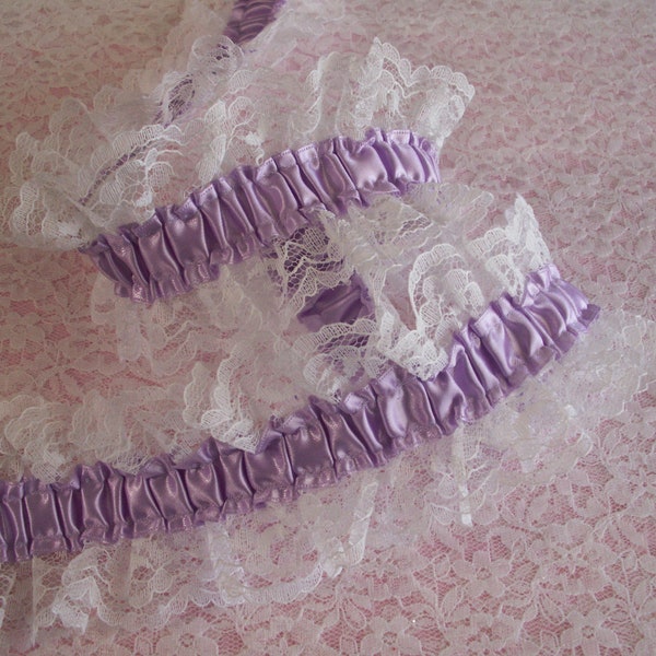 Elastic Ruffled Lace Trim, White Lace with Lavender Ribbon, Apparel, Lingerie, Lace for Garters, Bridal Accessories, Costumes, Prom