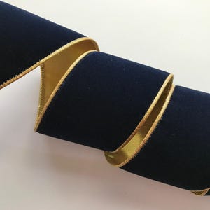 Christmas Ribbon, Navy Velvet with Metallic Gold Back, 2 1/2&quot; Wide, Wired Ribbon for Wreaths, Bows, Holiday Home Decor, 3 YARDS