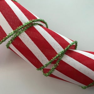 Christmas Ribbon, White Red Stripes and Metallic Green Edge, 2 1/2&quot; Wide, Wired Ribbon for Wreaths, Bows, Gift Baskets, Home Decor, 3 YARDS