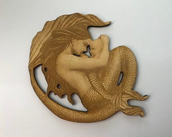 Mermaid with Baby, Laser Cut and Engraved Wood, Sea Life Wall Art, Nautical Home Decor, Wreaths, Decorative Woodcraft