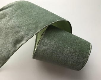 Sage Green Velvet and Satin Ribbon, 4" Wide, Wired Ribbon for Bows, Wreaths, Holiday Home Decor, Christmas Ribbon, 3 YARDS