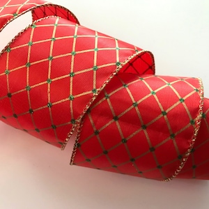 Christmas Ribbon,  Red Gold and Green, 2 1/2&quot; Wide, Wired Edge Ribbon for Wreaths, Bows, Baskets, Home Decor, Christmas Crafts, 5 YARDS
