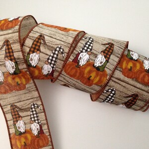 Pumpkins and Gnomes Ribbon, 2 1/2" Wide, Wired Edge Ribbon for Bows, Wreaths, Gift Baskets, Swags, Garlands, Home Decor, 5 YARDS