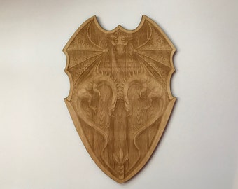 Dragon Shield Wood Plaque, Laser Cut and Engraved Wood, Fantasy Mythical Decorative Woodcraft