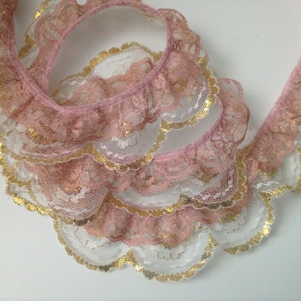 Double Ruffled Scalloped Edge Lace Trim, Dusty Rose and Gold, 2 Tier Lace, Christmas Crafts, Apparel, Costumes, Doll Clothes, 2 YARDS