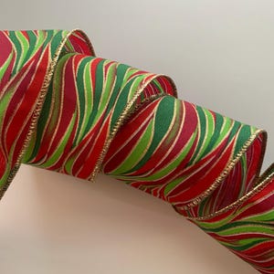 Wavy Stripes Ribbon, Red Green Gold, 2 1/2&quot; Wide, Wired Edge Ribbon for Wreaths, Bows, Gift Baskets, Home Decor, Christmas Ribbon, 3 YARDS