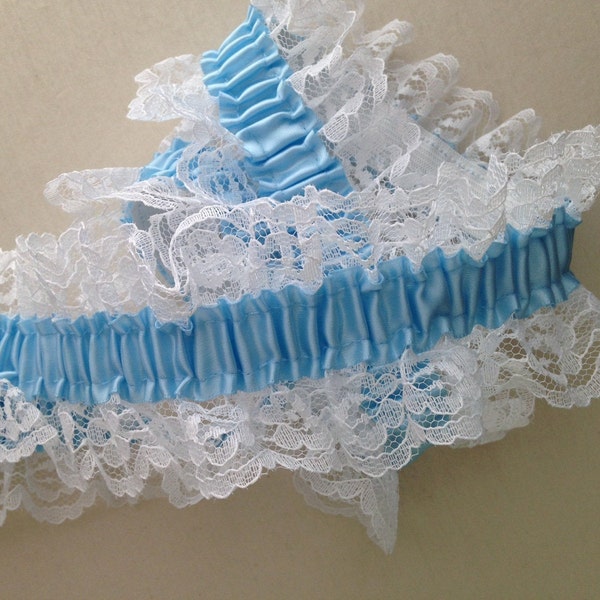 Elastic Ruffled Lace, White Lace with Blue Ribbon, Apparel, Lingerie, Lace for Garters, Bridal Accessories, Burlesque, Costumes, Prom