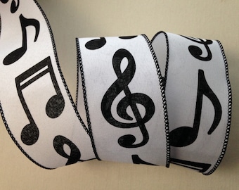 White Ribbon with Black Music Notes, 2 1/2" Wide, Wired Edge Ribbon for Wreaths, Bows, Baskets, Home Decor, Music Decor, 3 YARDS