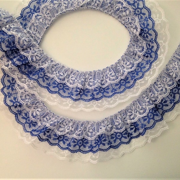 Triple Ruffled Lace Trim, White and Royal Blue, Apparel, Doll Clothes, Costumes, Journals, 3 Tier Lace Trim