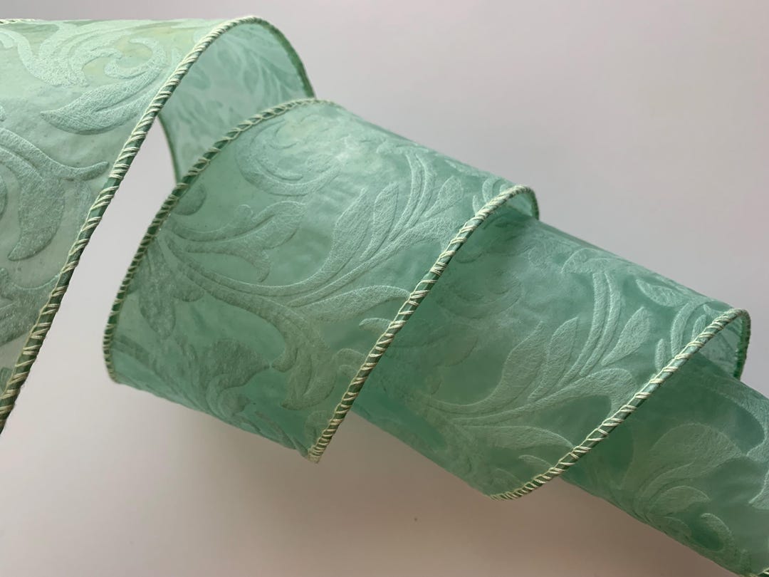 Celadon Green Embossed Leaves Filigree Ribbon, 2 1/2