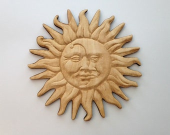 Sun and Moon Face Wood Plaque, Laser Cut and Engraved Wood, Home Decor, Celestial Wall Art, Decorative Woodcraft