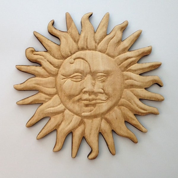 Sun and Moon Face Wood Plaque, Laser Cut and Engraved Wood, Home Decor, Celestial Wall Art, Decorative Woodcraft