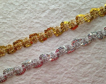 Metallic Braid Sequin Trim, 1/2" Wide, Gold Trim, Silver Trim, Mardi Gras, Costumes, Christmas Crafts, Decorative Trim, Bling Decor, 3 YARDS