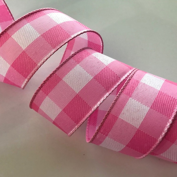 Pink and White Buffalo Plaid Ribbon, 1 1/2" Wide, Wired Edge Ribbon for Bows, Wreaths, Gift Baskets, Swags, Garlands, Home Decor, 5 YARDS