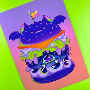 Impression de carte postale BOGO Bat Burger {soft touch} - illustration mignonne, art kawaii, culture pop, arc-en-ciel