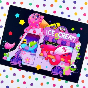 Impression de cartes postales Monster Ice Cream Truck BOGO {soft touch} - illustration mignonne, art kawaii, culture pop, arc-en-ciel