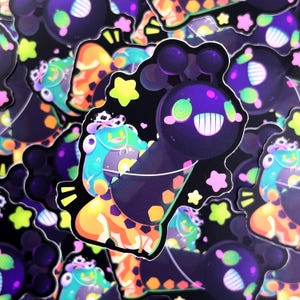 Grenouille chevauchant une girafe - Sticker vinyle mat imperméable Illustration mignonne, art kawaii, vinyle, mignon, arc-en-ciel