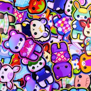 May include: A collection of colorful animal character stickers with various designs and patterns. The stickers feature a variety of animals, including a bunny, a bear, a cat, and a dog. The stickers are perfect for adding a touch of whimsy to any project.