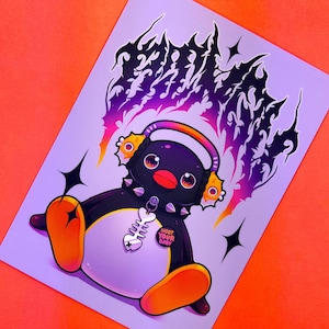 May include: Illustration of a cartoon penguin with headphones, a studded collar, and a bone-shaped tag that says "NOOT YOUR BABY." The penguin is black and white with orange feet and a red beak. The background is a light purple with black and purple flames.