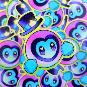 May include: A selection of vibrant stickers showcasing a cartoon character with a heart-shaped face, large eyes, and a top hat. The stickers have a neon green border and a gradient of pink, purple, and blue hues.