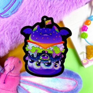 Burger de chauve-souris scintillant - Sticker vinyle imperméable Illustration mignonne, art kawaii, vinyle imperméable, mignon, arc-en-ciel