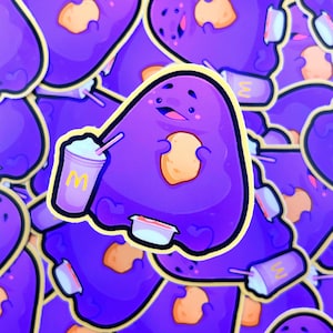 May include: A purple cartoon sticker featuring a smiling blob character holding a fried food item and a drink with a straw. The drink cup and the character's body have the letter "M" on them. The sticker has a yellow border.