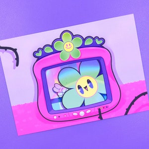 BOGO Flower Television {soft touch} Stampa cartolina - Illustrazione carina, arte kawaii, cultura pop, arcobaleno