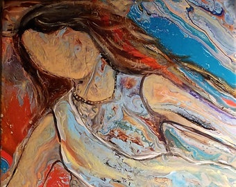 Coloful, Contemporary Faceless Woman Painting, Embellished Acrylic Pour, "Colorful One"