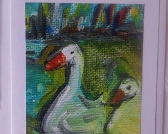 Two Ducks Greeting Card, Art Greeting Card, Blank Duck Card, Whimsical Duck Card, "At The Pond" Greeting Card