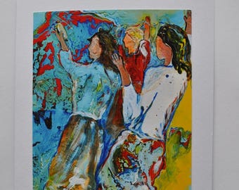 Lively, Contemporary Dancing Women Greeting Card, Faceless Women Card, Joyful Dancers Card, "Thee Dancers