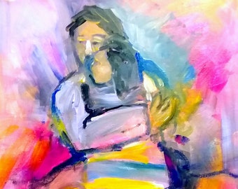 Expressive, Contemporary Acrylic Painting, Figurative Art, Man Holding Daughter, Jesus Holding Girl, &quot;Welcome Home&quot;