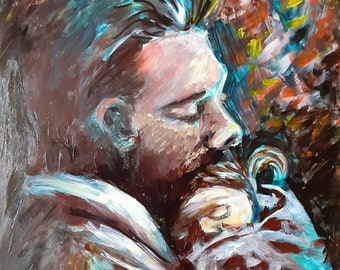 Father and Infant Acrylic Painting, Protective Love, 8x10"