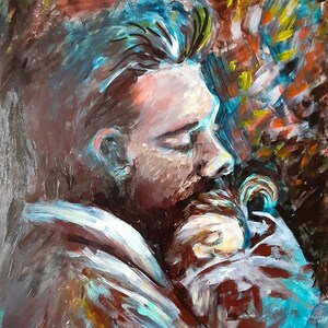 Father Holding Infant, Fatherhood, Protector, Father&#39;s Love Painting, 8&quot;x10&quot; Painting, Acrylic Painting, &quot;Safe&quot;
