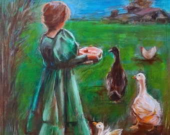 Country living, Gathering Eggs, Countryside Art, Rural Life, 11x14 Painting, "Morning Chores"