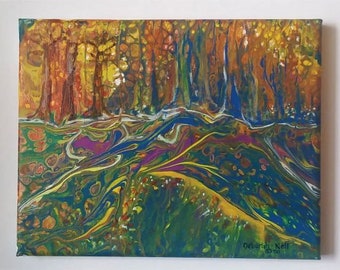 Fluid Miniature Landscape, Embellished Acrylic Pour, Woodland Painting, Contemporary Forest Painting, "Into The Thicket"