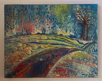 Fluid Winter Scene, Snowfall Painting, Embellished Pour, Contemporary Winter Painting, "Winter Road"