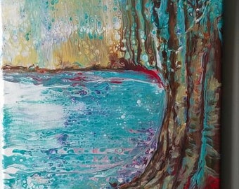 Lake Painting, Embellished Acrylic Pour, Trees and Water Art, Fluid Art, Landscape Art, "Waterside"