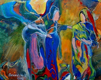Mary and Elizabeth, Biblical Acrylic Pour Painting on Canvas